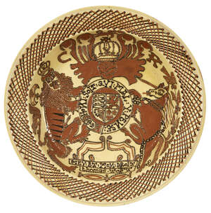
	
		John Hudson (1946-), a huge slipware dish 
		c. late 20th century, impressed H to...