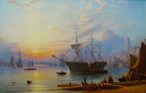 
	
		N Crawhall, 
		British School, early-mid 19th century-
		 
		Ships at harbour with...
