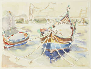 
	
		Jack Paul Hanlon, 
		Irish 1913-1968- 
		 
		Moored fishing boats; 
		 
		