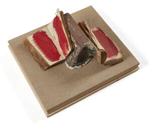 
	
		John Latham, 
		British 1921-2006- 
		
		Fragment, 1958; 
		
		burnt and painted books...