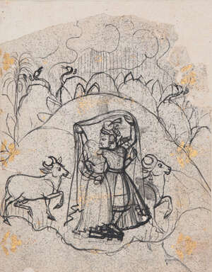 
	
		Krishna and Radha under a shawl in an idyllic landscape, Kotah, India, early 18th...