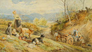 Follower of Myles Birket Foster RWS,&nbsp;British 1825-1899-&nbsp;
Landscapes with families on a hillside...