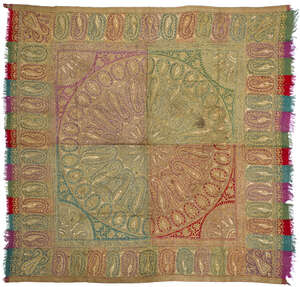 A fine gold and sequin embroidered wool shawl, Kashmir, India, early 19th century, of square...