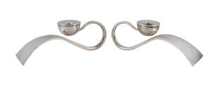 A pair of modern silver low candleholders, Sheffield c.2014, maker BP, in the Arts & Crafts style, engraved on the underside 'Personalised By You'  7cm