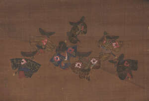 
	
		A Japanese hanging scroll, 18th century, depicting sparrows performing the Suzume Odori...