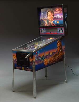
	
		Dirty Harry Pinball machine, by Williams, c, 1970s, featuring a moving 44 magnum, 194cm...