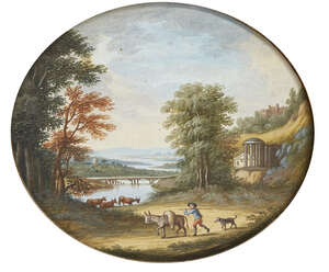 
	
		Manner of Gaspard Dughet, 
		late 18th/early 19th century- 
		Figure with a donkey and...
