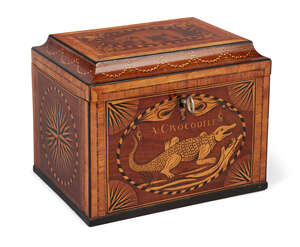 
	
		A rare George III inlaid satinwood three-division tea caddy, early 19th century,...