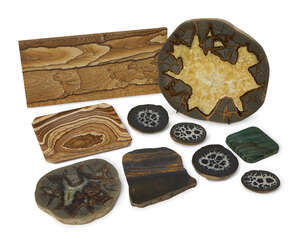 
	
		Two septarian specimens, Utah, together with two split septarian specimens, Morocco, a...
