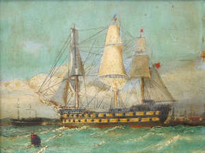 
	
		British Provincial School, 
		mid 19th century- 
		 
		Man-o-war; 
		 
		oil on...