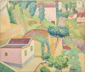 Lucien Vogt,&nbsp;American 1891-1968 -&nbsp;Maison roses;&nbsp;oil on canvas, signed lower right 'L. Vogt', 46...