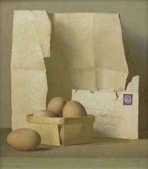 
	
		Gerald Norden,
		British 1912-2000- 
		 
		Eggs; 
		 
		oil on board, signed and...