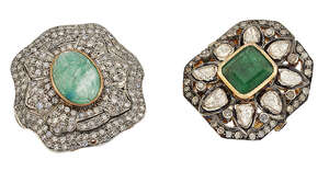 
	
		Two diamond and beryl cluster rings, the first, an Indian-made emerald and diamond...