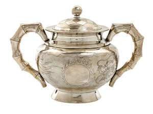 
	
		A Chinese silver twin handled sucrier, early 20th century, standing on a splayed foot...