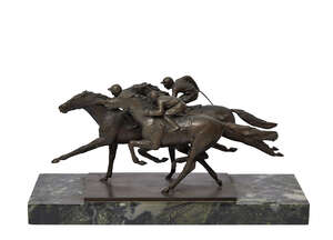 John Bonar Dunlop ARBS,
		New Zealander/British 1916-1992-
		 
		Horse race;
		 
		bronze on a marble base, signed on base, 12x25.3x10.2cm (ARR)
		 
