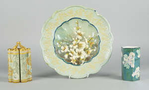 
	
		A Doulton Marqueterie Spill vase made from six cylinders, further decorated with gilt...