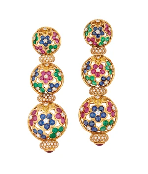 A pair of gem and diamond set drop earrings, composed of three openwork circular plaques, each...
