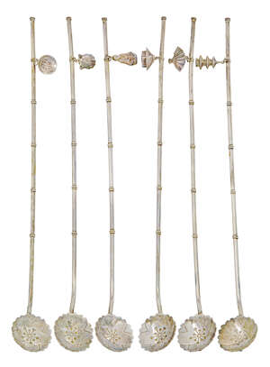 
	
		A Set of six Japanese silver-coloured metal drinking straw-spoons  
		20th Century,...