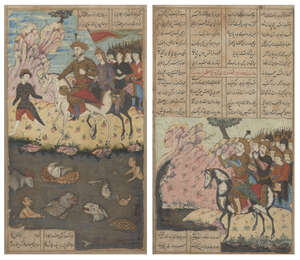 
	
		Two Qajar illustrations to a Shahnameh, Iran, early 19th century, gouache on paper...