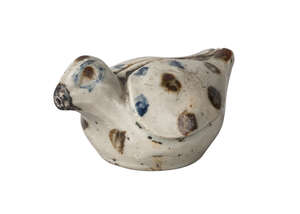 A Korean stoneware waterdropper modelled as a bird, Joseun dynasty (19th century), decorated in underglaze with blue and brown spots, flat, unglazed base, 10cm