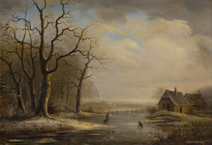 
	
		Cornelis Marinus Willem Mongers, 
		Dutch 1806-1875- 
		Figures in a frozen river...