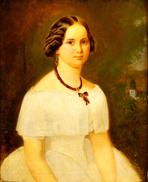 
	
		Continental School, mid 19th century- Portrait of a young woman in a white dress with a...