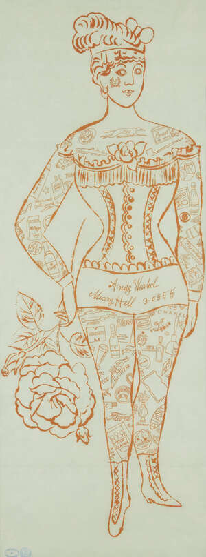 
	
		Andy Warhol, 
		American 1928-1987-
		 
		Tattooed Woman Holding a Rose, 1955;
		 
		