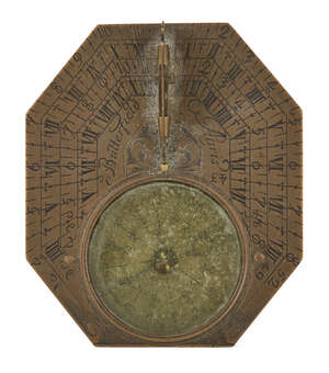 
	
		A brass Anglo-French octagonal pocket sundial and compass, by Michael Butterfield, Paris,...