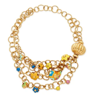 An enamel floral necklace, composed of vari-colour floral charms and spacers and one polychrome...