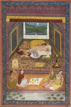 
	
		A Prince and his mistress in their bedchamber attended by musicians, Provincial Mughal,...