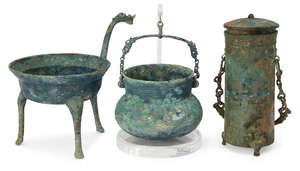 
	
		Three Chinese archaic bronze vessels, Han dynasty, comprising a tripod brazier with...