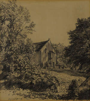 Sir Muirhead Bone,
		British 1876-1953-
		 
		Gargunnock Church, near Stirling;
		 
		pencil on paper, signed and dated 1910, 24.5x22cm (ARR)