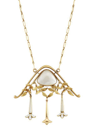 
	
		An Art-Nouveau pearl and white enamel pendant necklace, by Fernand Grange, designed as a...