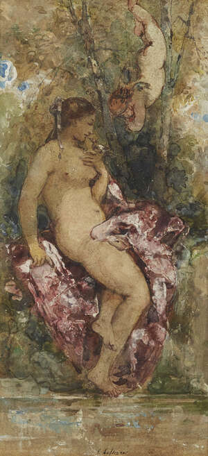 
	
		European School, 
		mid-late 19th century- 
		 
		Bather with a putto by an ornamental...