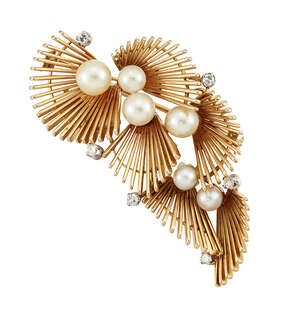 A mid 20th century gold, cultured pearl and diamond brooch,  designed as graduated fan-shaped sprays with cultured pearl intervals and single-cut diamond accen