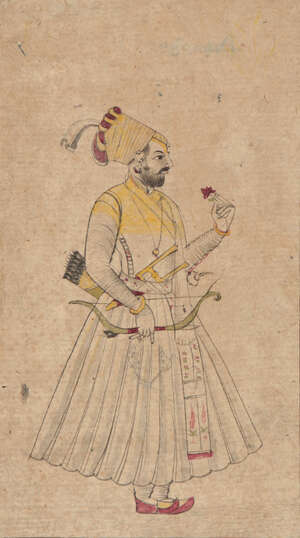 
	
		A standing courtier, Bikaner school, India, circa 1690, ink and opaque pigments on paper,...