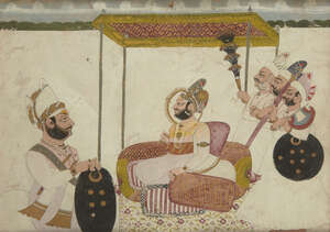 
	
		A Maharaja receives a nobleman, Jodhpur, India, 19th century, opaque pigments on paper...