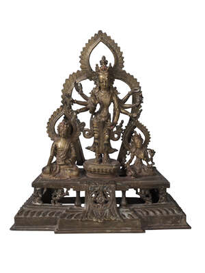 
	
		A Nepalese bronze figure group, 19th century, centred with Avalokitesvara flanked by...