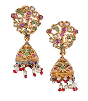 
	
		A pair of Indian gem, seed pearl and glass earrings, the circular emerald and ruby and...