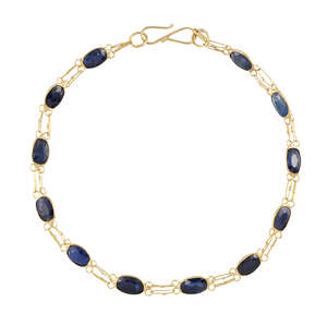 
	
		A sapphire bracelet, composed of a line of oval sapphire collets with chain link...