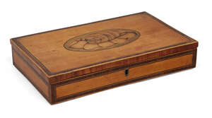 
	
		A George III satinwood box, the shell inlaid top opening to reveal fitted interior...