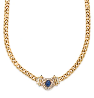 A sapphire and diamond necklace, the central panel set with an oval-shaped sapphire cabochon, with brilliant-cut diamond surround, with square step-cut diamond