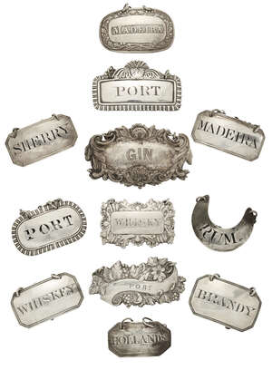A George IV silver wine label, London c.1822, Joseph Angell II, Port, together with nine further Georgian silver wine labels, a white metal example and a plate
