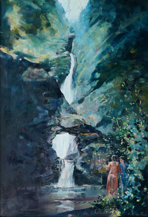
	
		Nicholas St John Rosse, British b.1945- Two women by the edge of a waterfall; oil on...