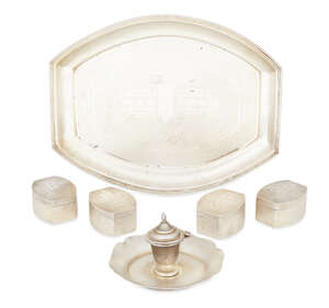 
	
		An Indian white metal tray, mid 20th century, with textured matt finish with polished...