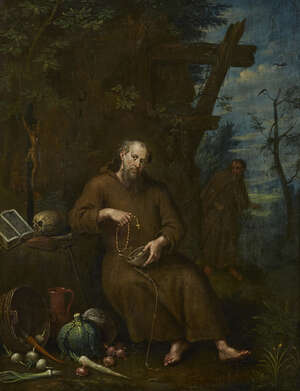Follower of Frans Francken the Younger, 
		Flemish 1581-1642- 
		 
		Saint Jerome in the wilderness; 
		 
		oil on panel, bears indistinct inscription t