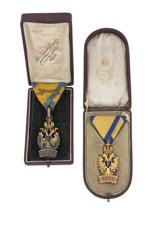 
	
		An Austrian gold badge of the Order of the Iron Crown III class, with enamelled crown,...