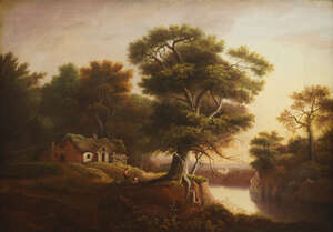 
	
		Follower of Patrick Nasmyth, Scottish 1787-1831- Landscape with cottage, peasants and a...