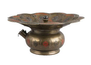 
	
		An enamelled and turquoise-set brass wash-basin (datshui), probably Kokand, Uzbekistan,...