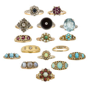 
	
		A group of sixteen diamond and gem rings, including: a Sapphire and diamond cluster ring;...
